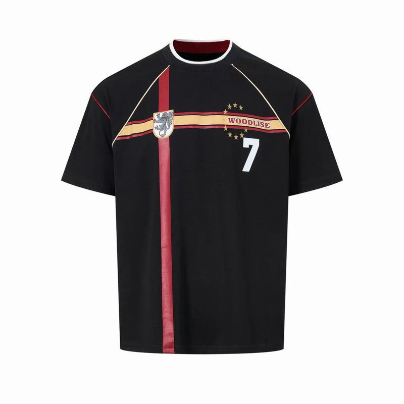 Black retro football jersey T-shirt with red stripe, vintage crest, star circle detail, and number 7 print