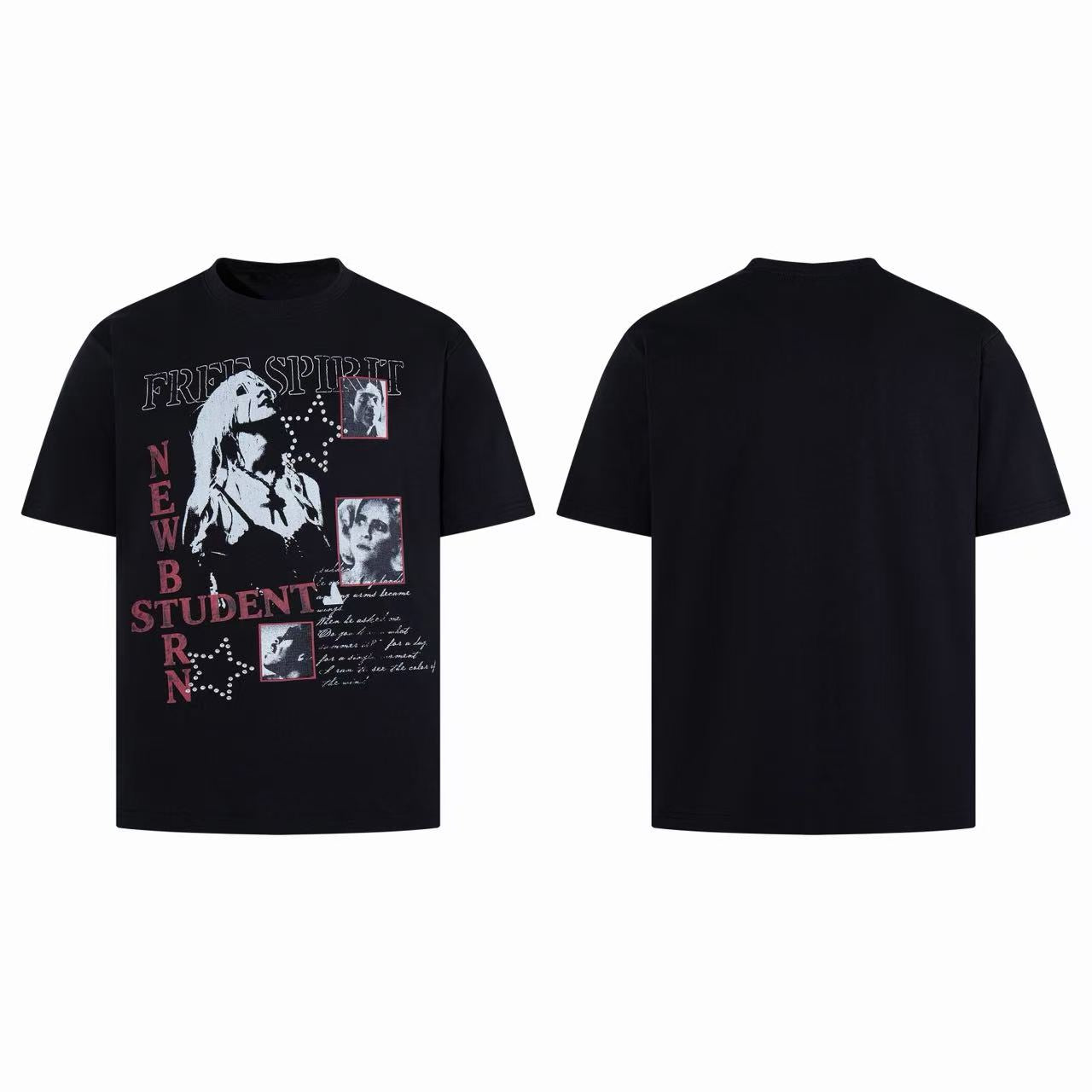 Black oversized graphic tee with vintage collage print featuring gothic typography and portrait graphics, front and back view