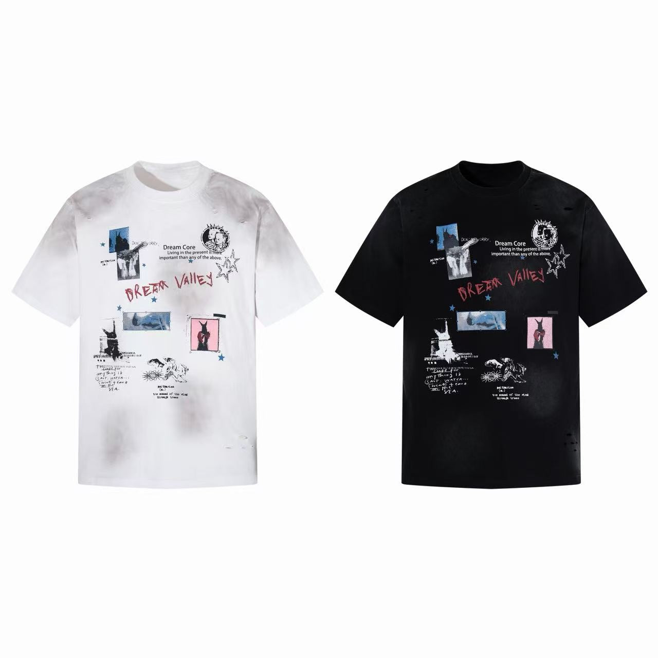 White oversized Dream Valley distressed graphic tee with collage print, handwritten text, and vintage wash finish