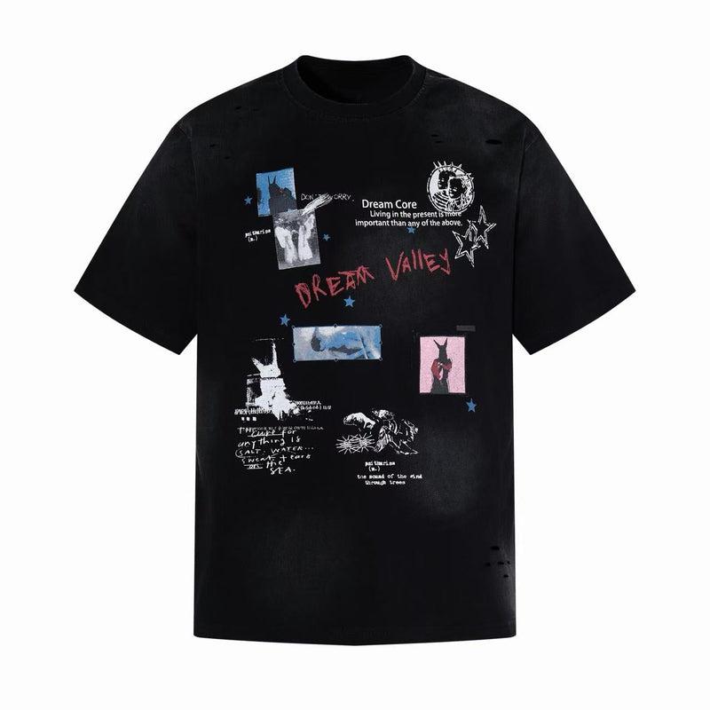 Black oversized T-shirt with distressed dreamcore collage graphics, stars, and mixed text prints on the front