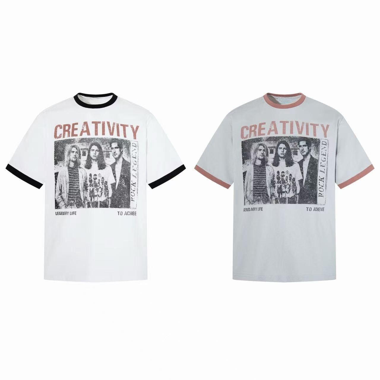 White oversized ringer t-shirt with distressed vintage band graphic print, contrast black collar and cuffs, retro Y2K streetw