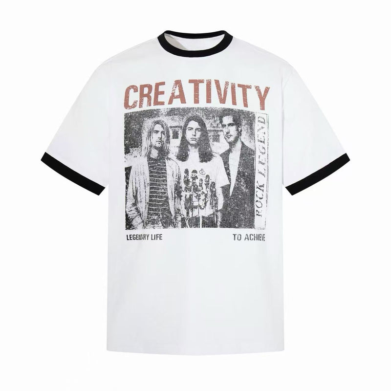 White ringer T-shirt with black trim and vintage band-style graphic, featuring a faded black-and-white front print with text detail
