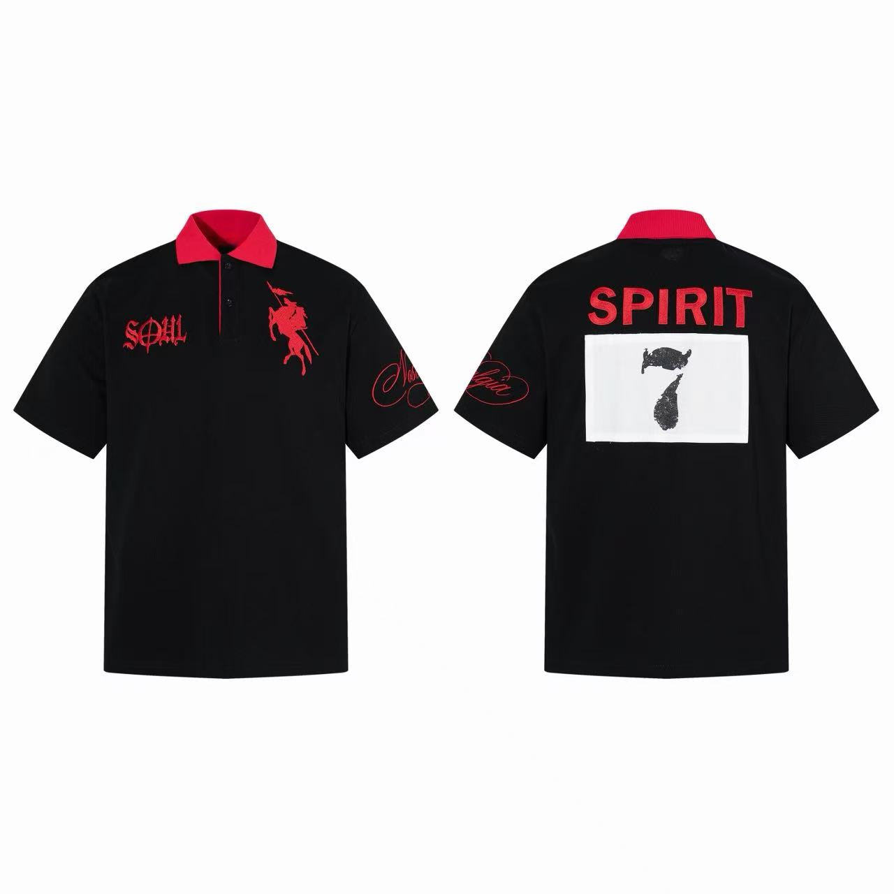 Black oversized polo tee with red contrast collar, gothic SOUL embroidery and knight graphic on front, SPIRIT 7 print on back