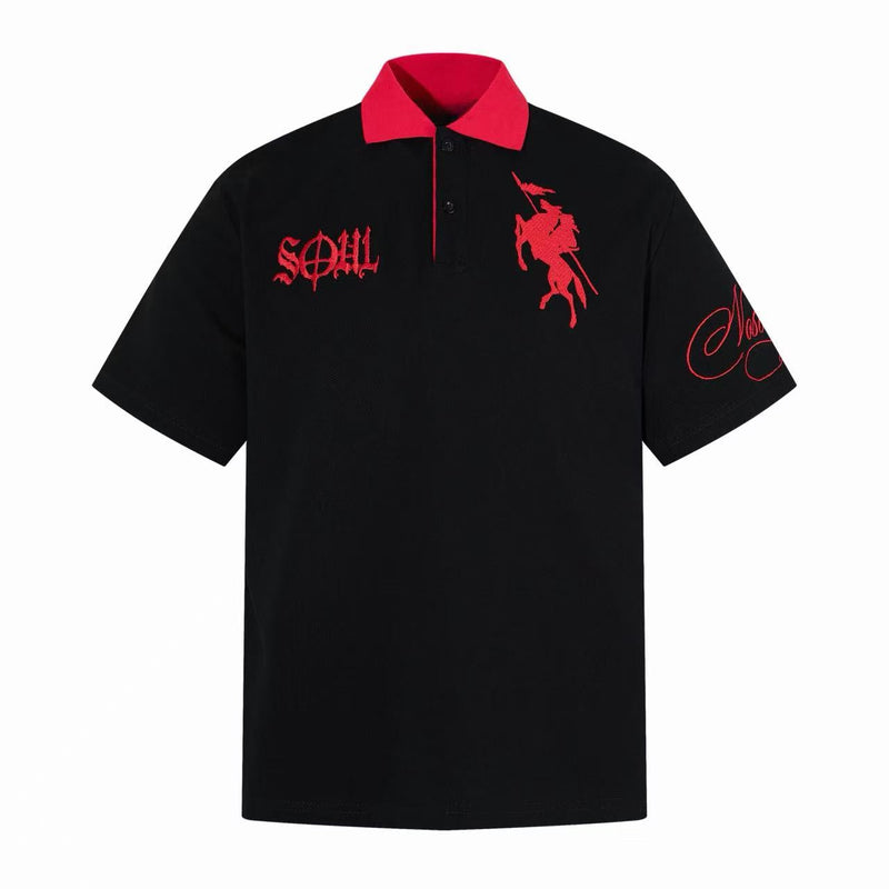 Black oversized polo tee with red collar and gothic red graphics on the chest and sleeve