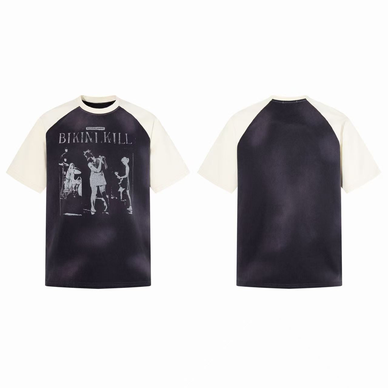 Front and back view of a washed charcoal raglan band tee with cream sleeves and a vintage Bikini Kill concert graphic print