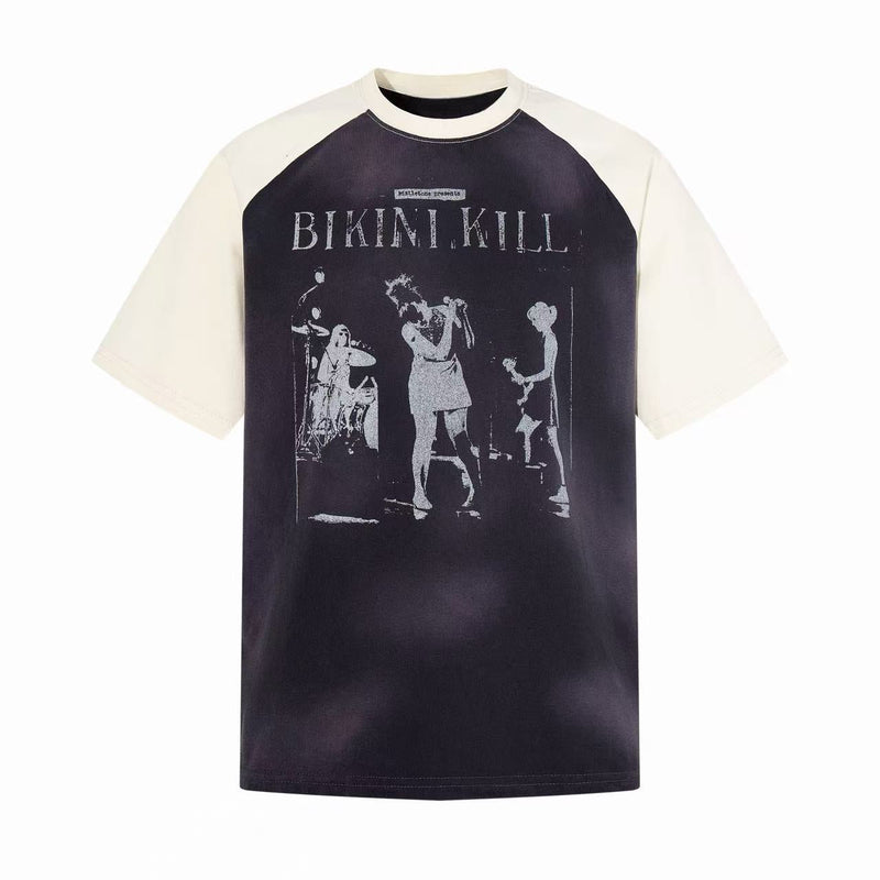 Vintage raglan band tee with cream sleeves and black Bikini Kill graphic print on the front