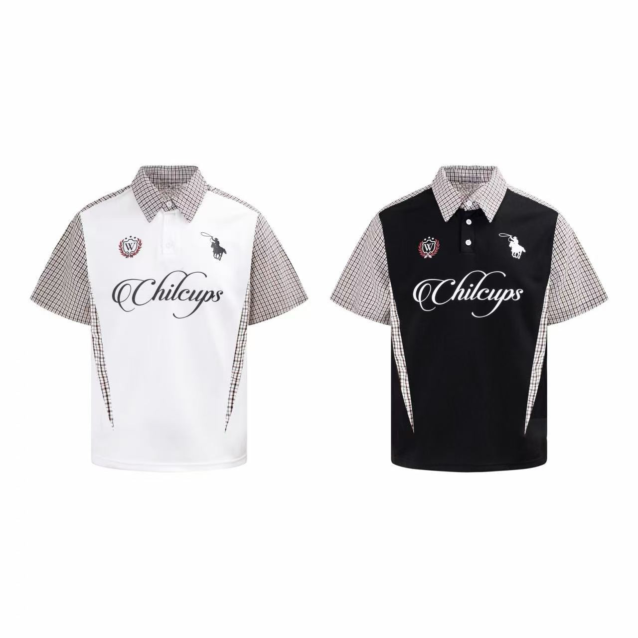 White oversized polo shirt with contrast plaid panels on sleeves and sides, Chilcups script logo and embroidered crest on che