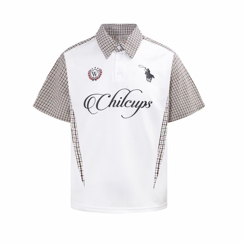 White oversized polo shirt with plaid panel sleeves, button collar, and vintage chest graphics