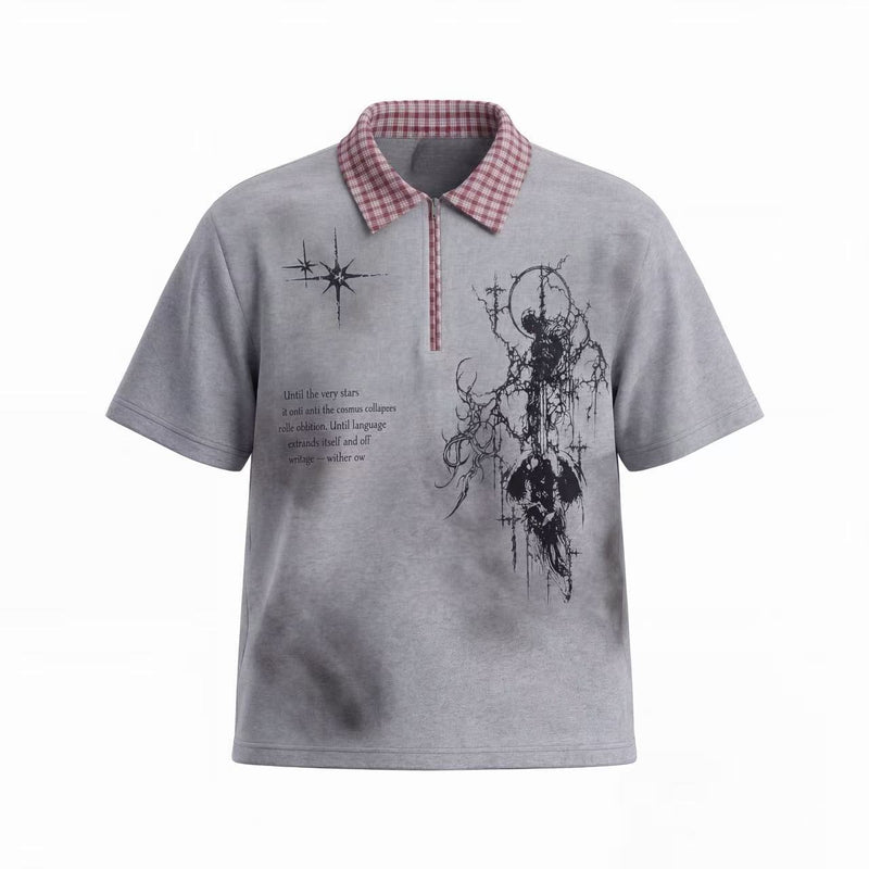 Gray oversized polo shirt with plaid collar and abstract black graphic print on the chest
