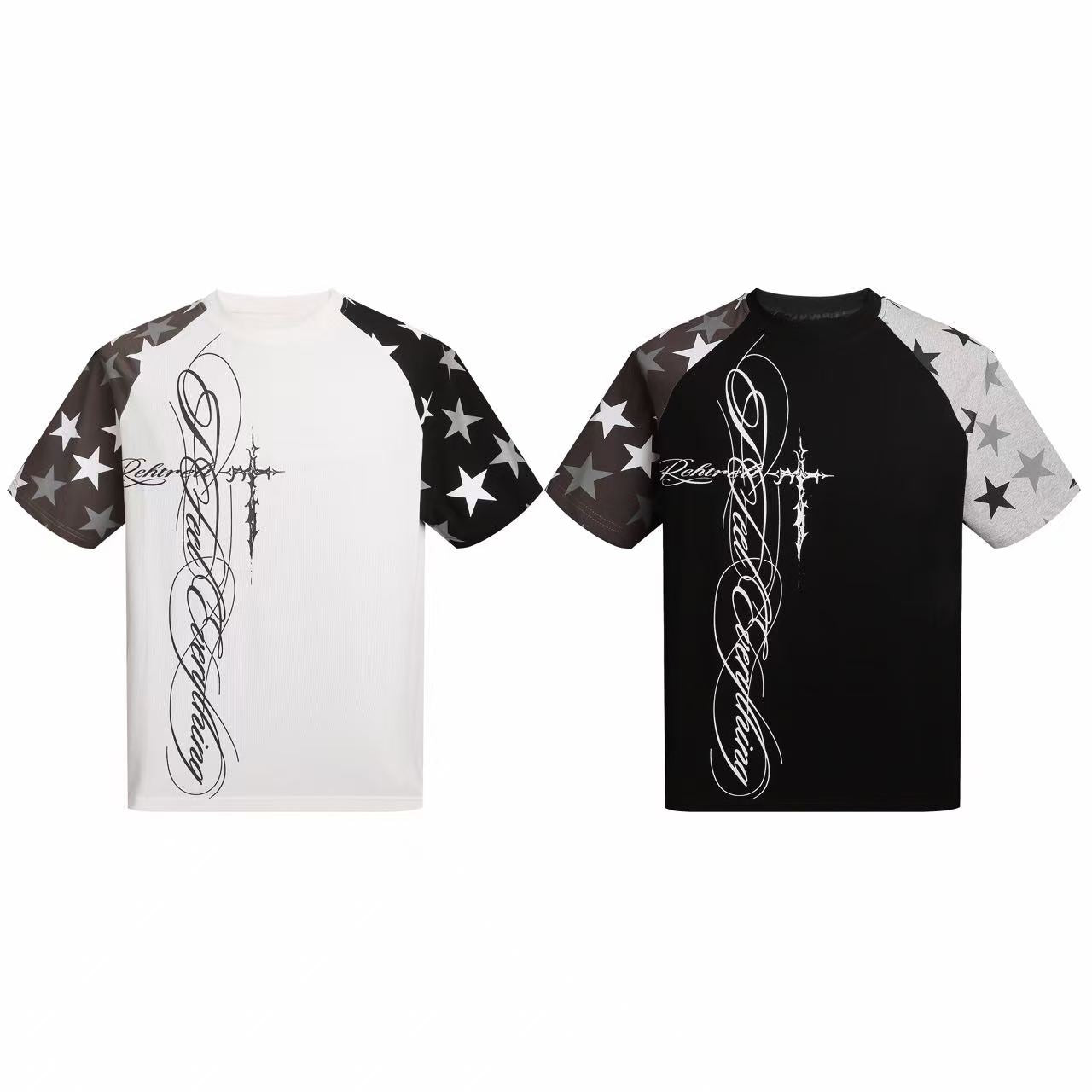 White oversized raglan T-shirt with gothic script and cross graphic on front and black star-print contrast sleeves