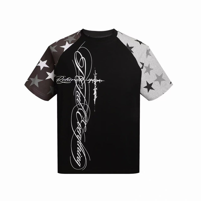 Black raglan tee with star-pattern sleeves and gothic white script graphic on the front