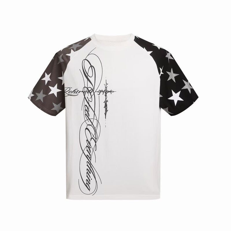 White raglan tee with black star-print sleeves and gothic script graphic on the front