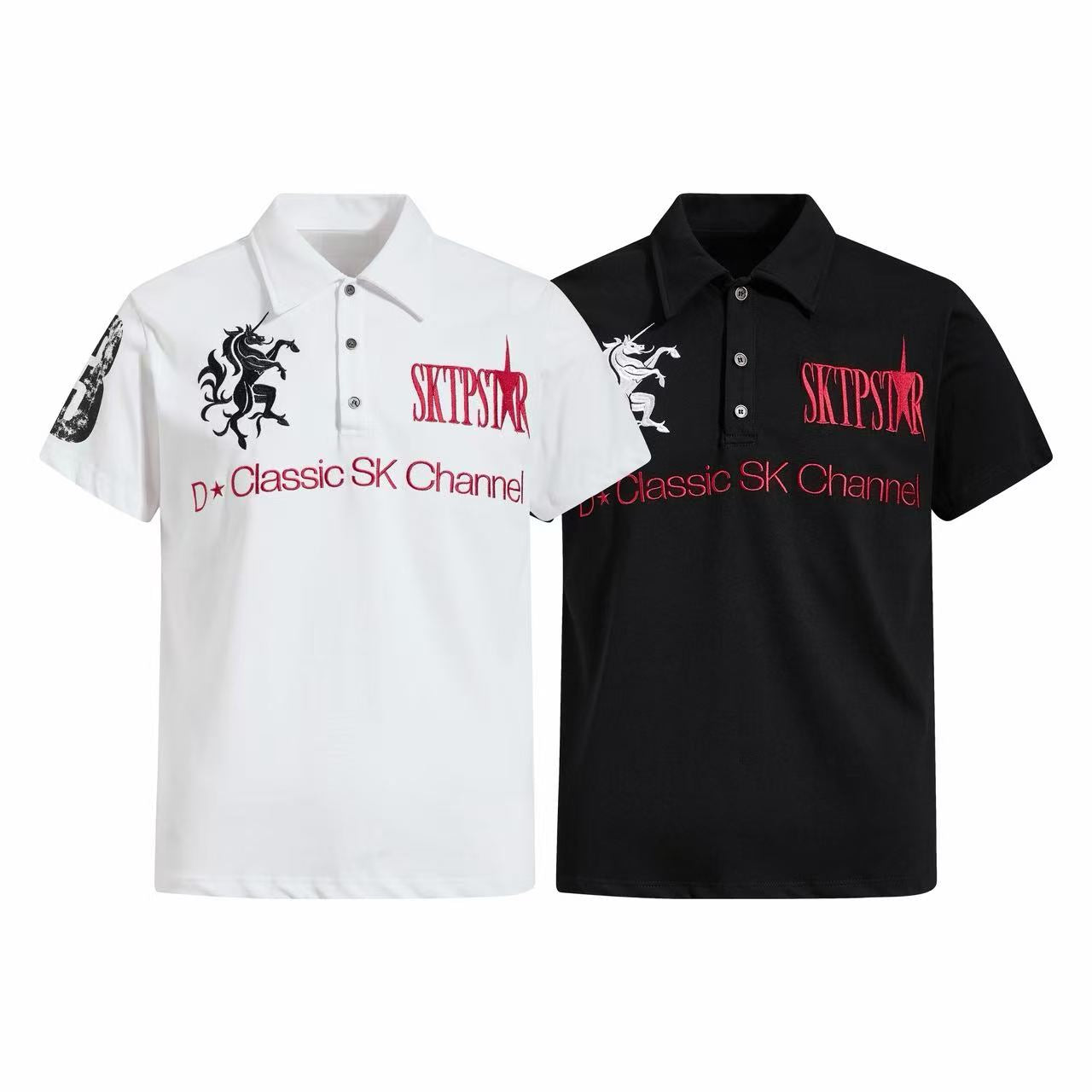 White and black SK Channel graphic polo shirts with unicorn emblem and SKTPSTAR logo on white background