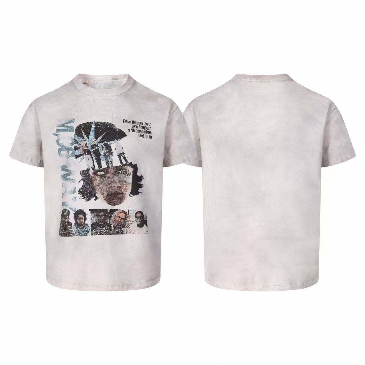 Front and back view of Omirad vintage washed grey graphic tee with collage portrait print and grunge typography