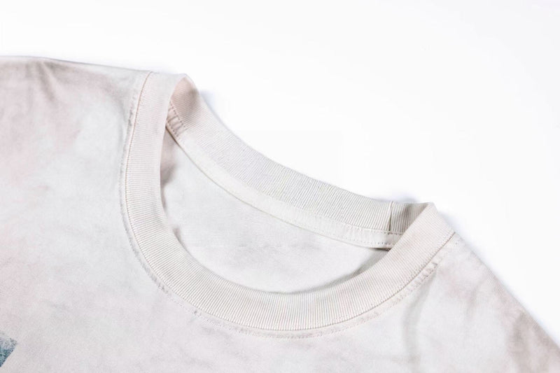 Close-up of a vintage washed graphic tee with ribbed crew neck and faded collage print on light fabric