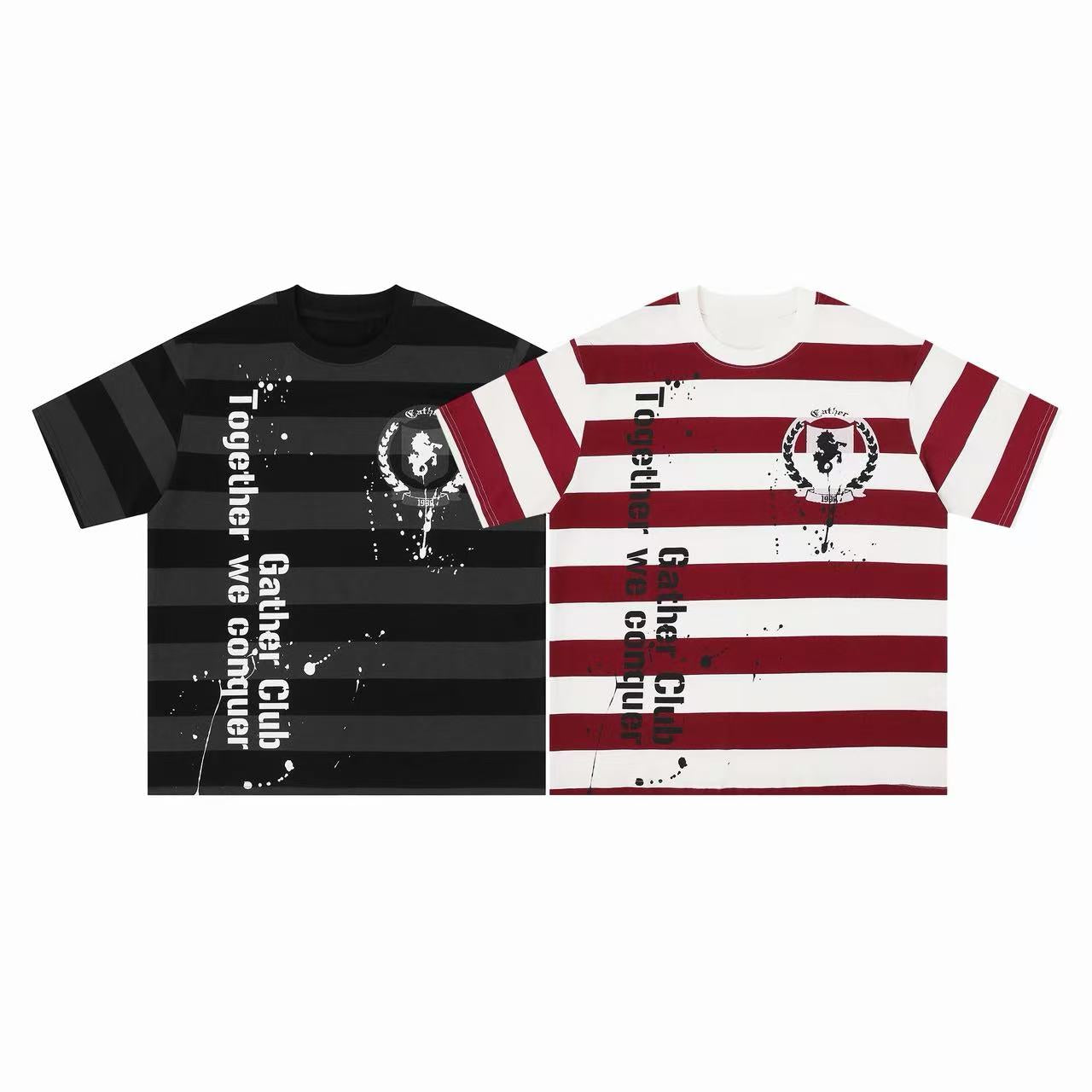 Oversized black and grey striped graphic tee with distressed Together We Conquer slogan and crest print, flat lay view
