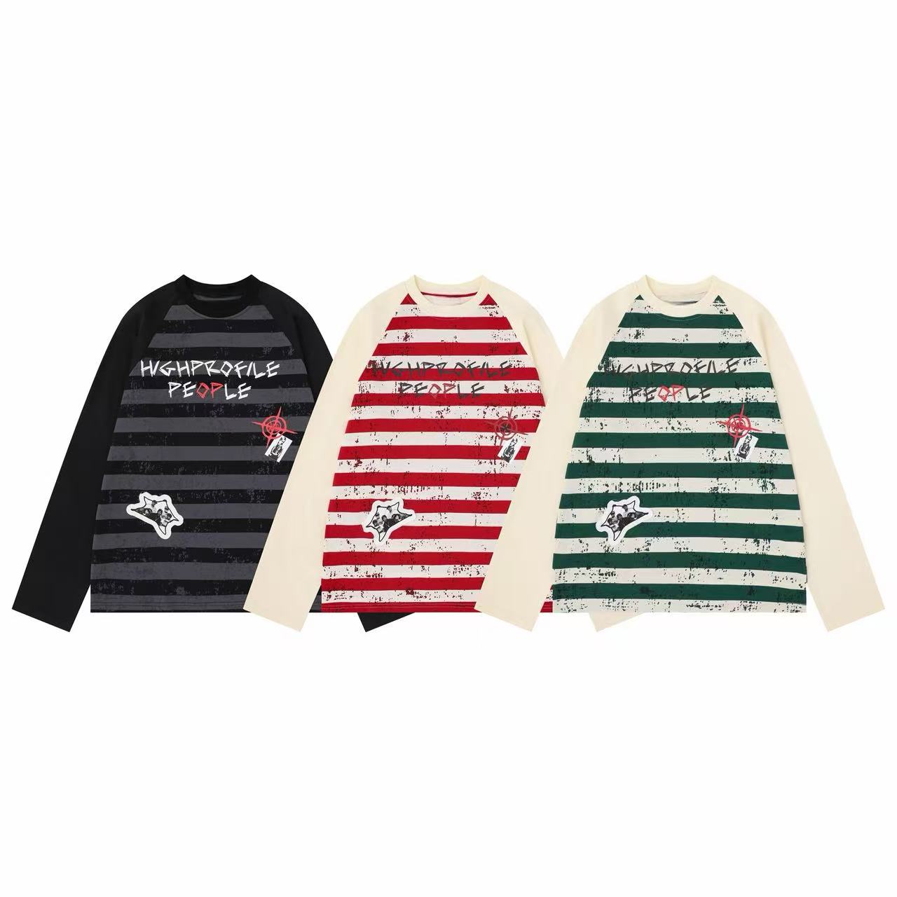 Black and charcoal striped raglan long sleeve tee with Highprofile People graffiti print and star patch detail