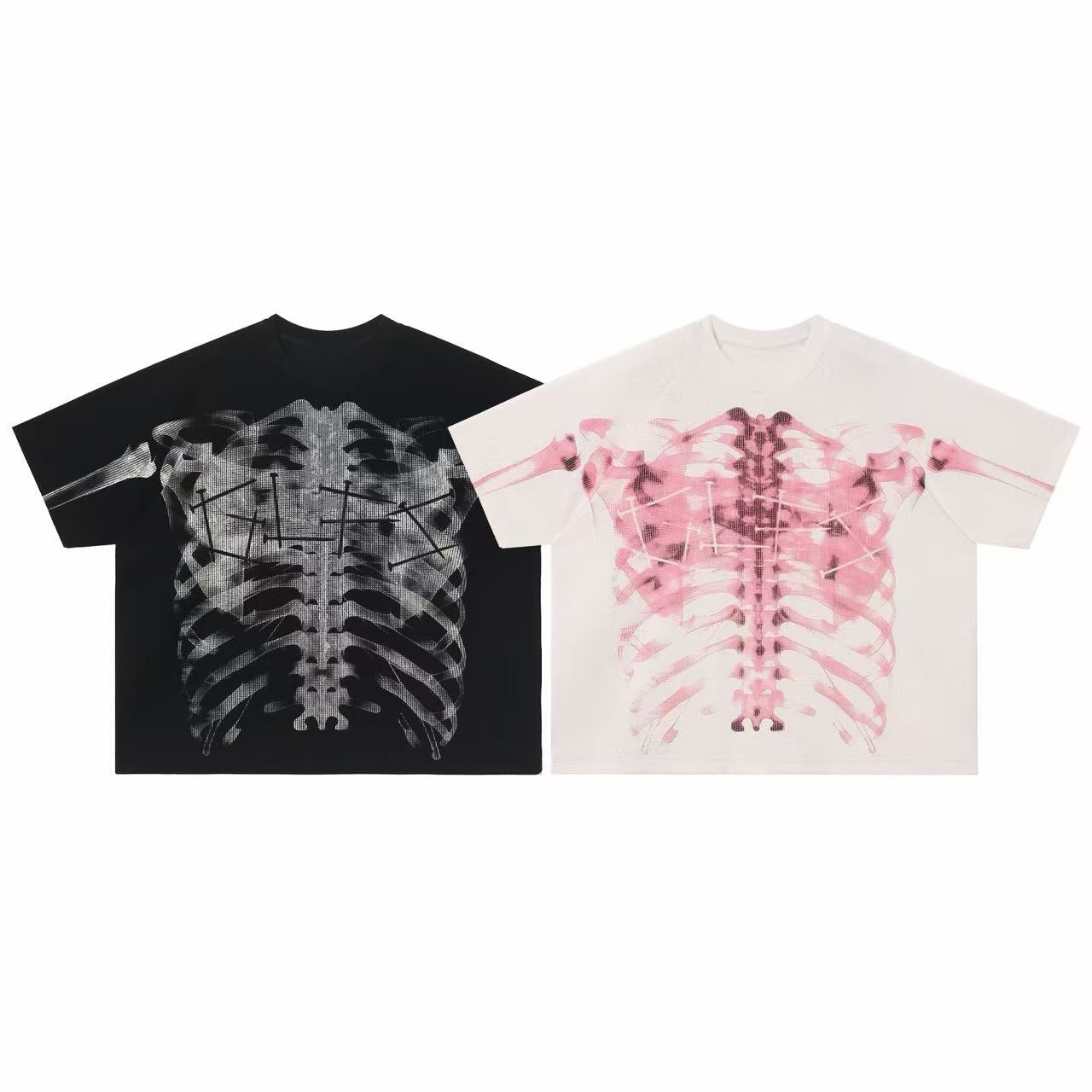 Black oversized t-shirt with full-chest X-ray ribcage skeleton graphic and distressed nail artwork detail