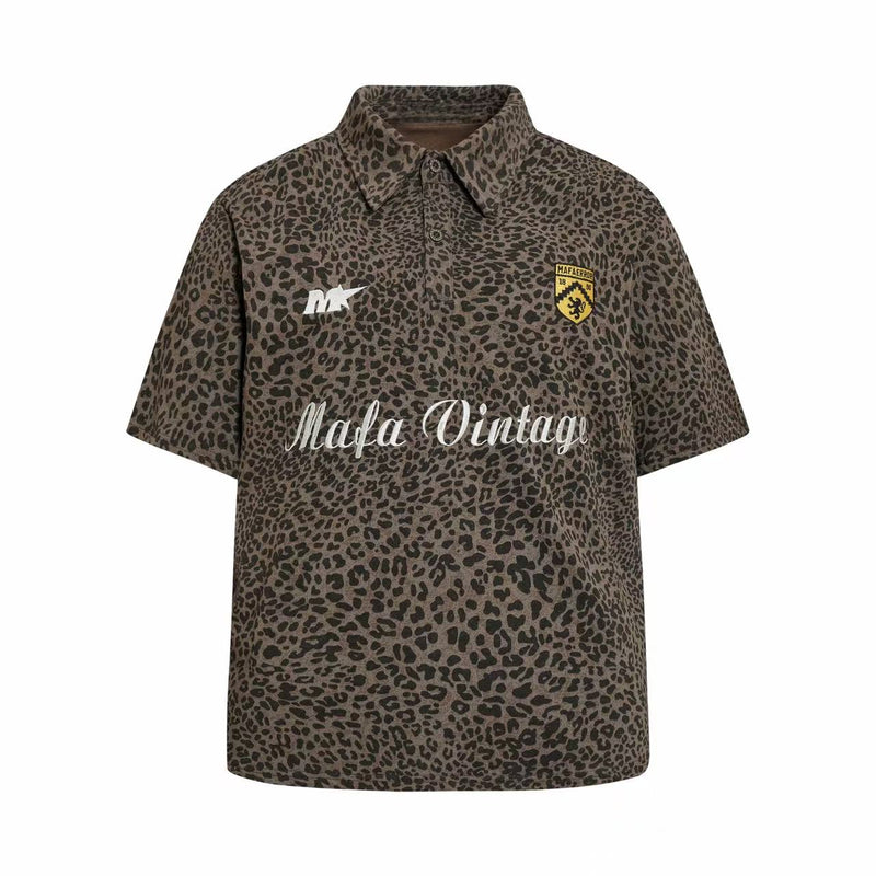 Vintage leopard print polo tee with collar, button placket, and Mafa Vintage logo on a brown Y2K streetwear shirt