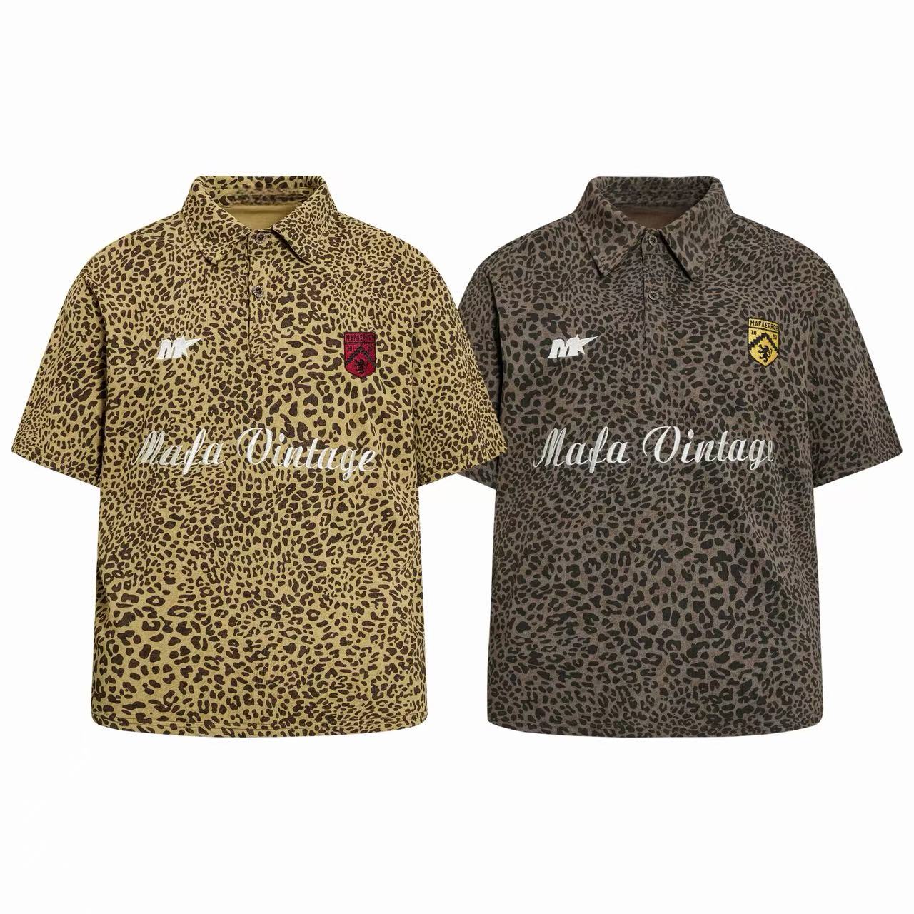 Tan leopard print oversized polo shirt with embroidered red crest patch and Mafa Vintage script branding on chest