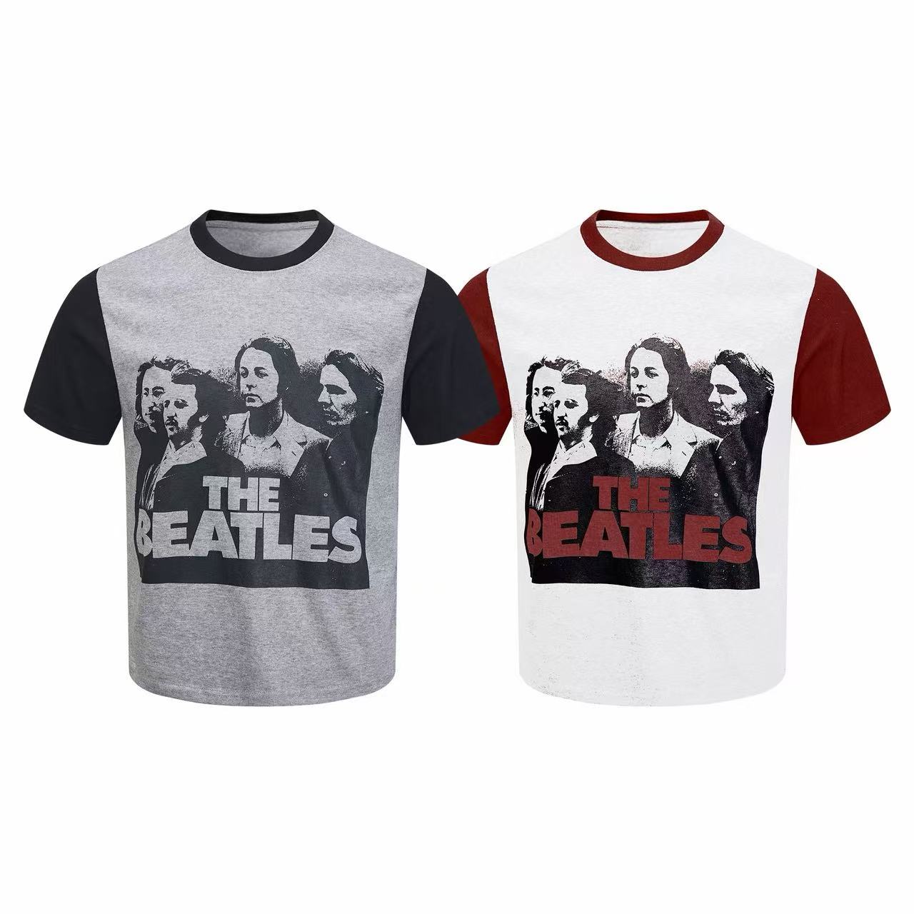Two Beatles graphic contrast tees side by side — grey with black sleeves and white with red sleeves, featuring a vintage band
