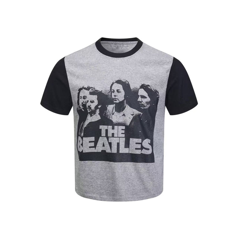 Gray The Beatles graphic T-shirt with black contrast sleeves and vintage band portrait print