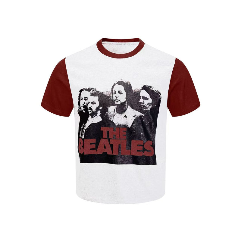 White Beatles graphic T-shirt with burgundy contrast sleeves and vintage band portrait print on the front