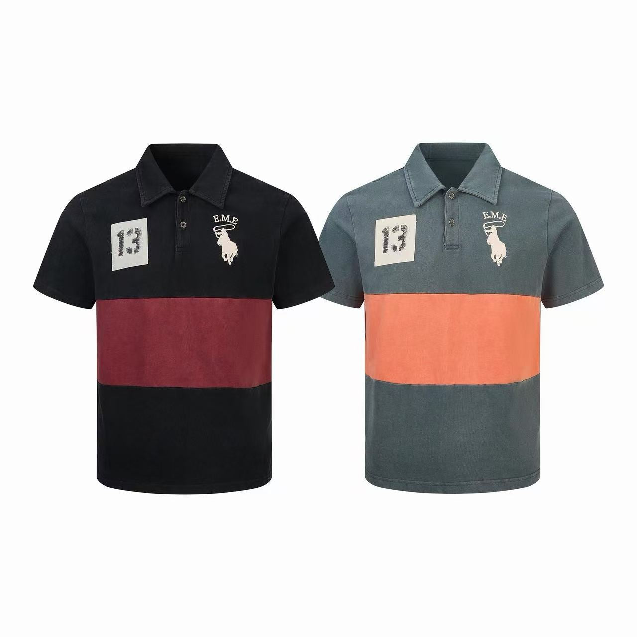 Omirad vintage color-block polo shirt in black and burgundy with number 13 patch and E.M.E. horse graphic