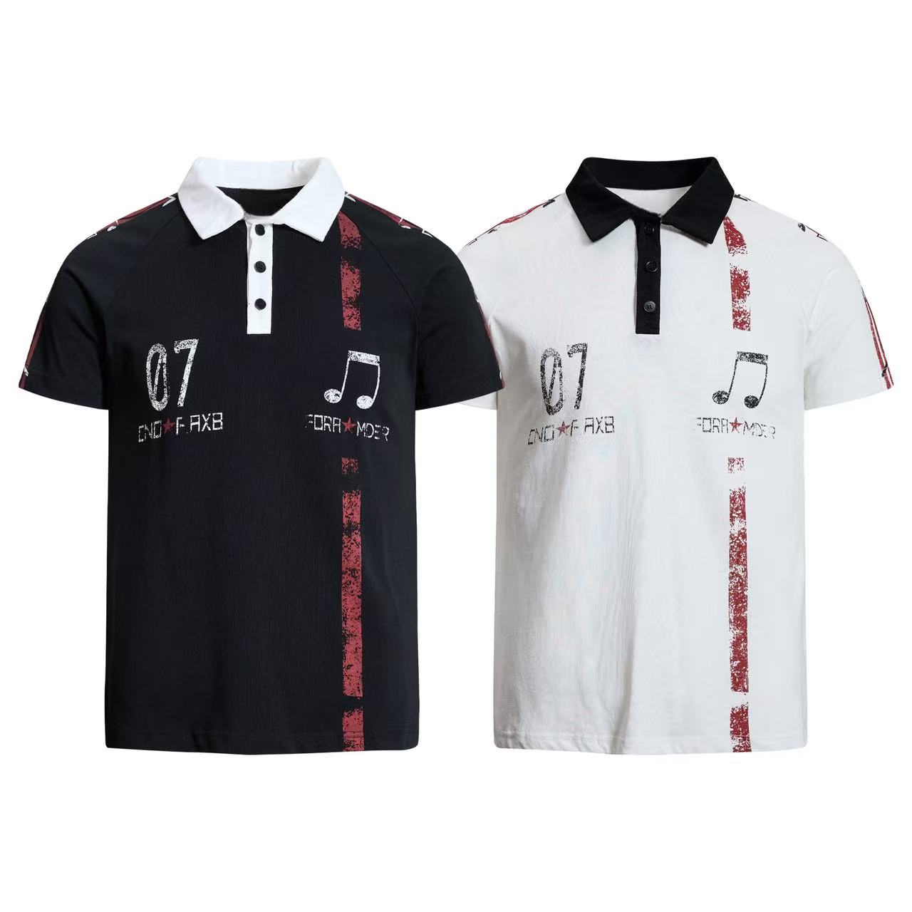 Black men's polo shirt with white contrast collar, distressed red vertical stripe, number 07 print and music note graphic on