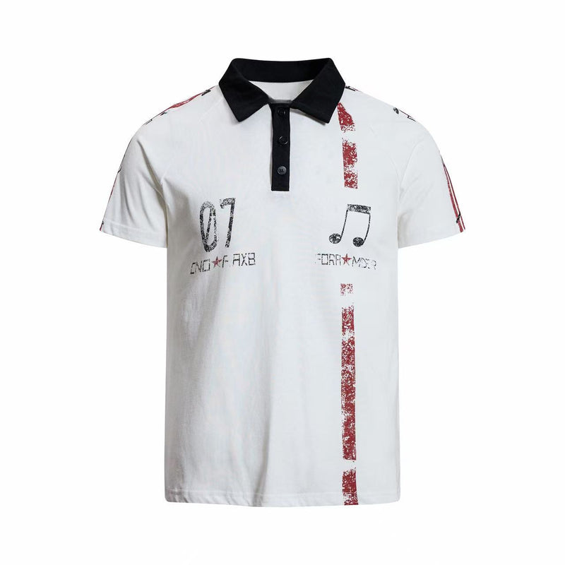 Men's white polo shirt with black collar and vintage music graphic print, short sleeve streetwear style