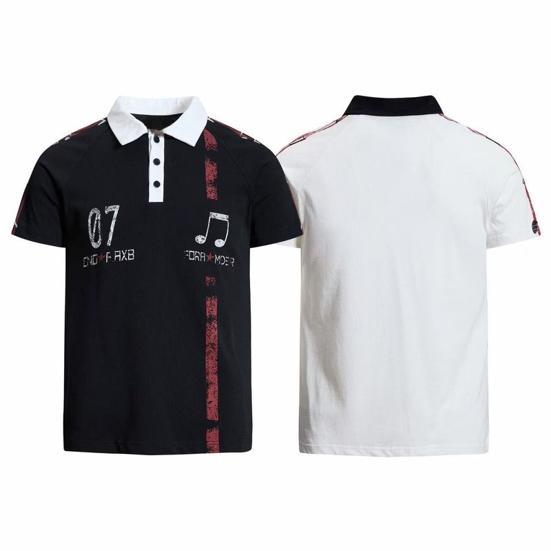 Men's black and white graphic polo shirt with music note print and vintage streetwear accents, front and back view