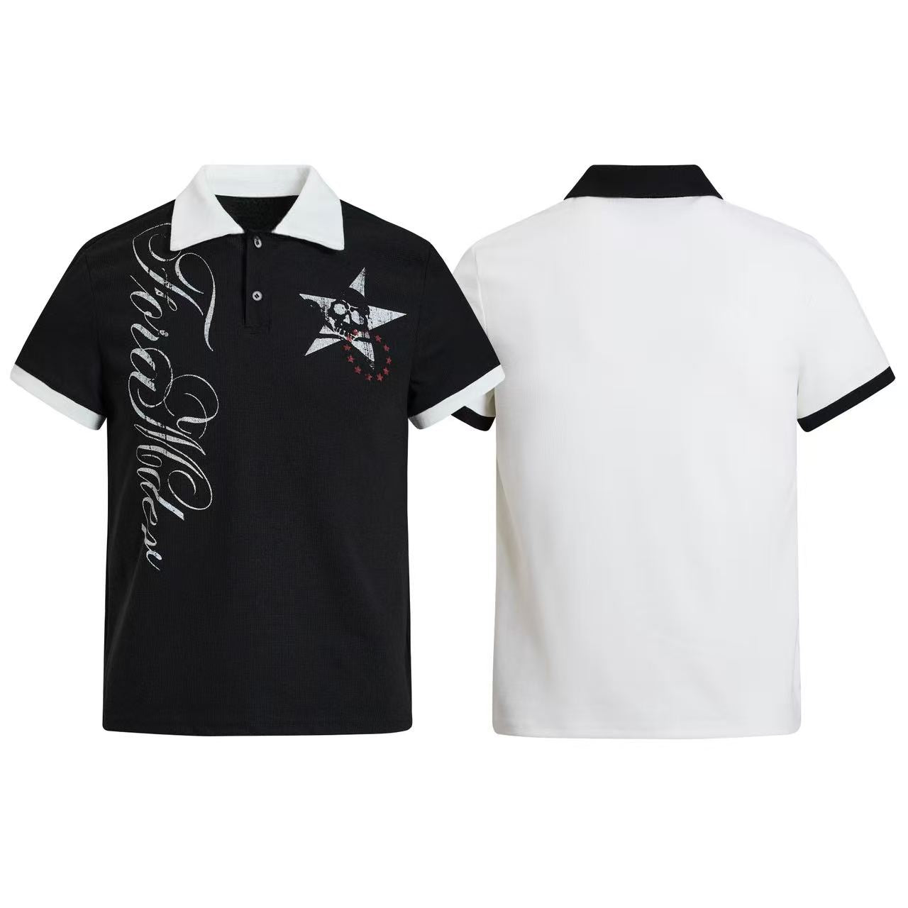 Gothic Star Skull Polo Shirt | Contrast Collar Streetwear