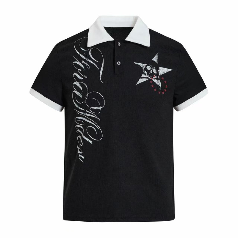 Black gothic polo shirt with white contrast collar, skull star graphic, and vertical script print