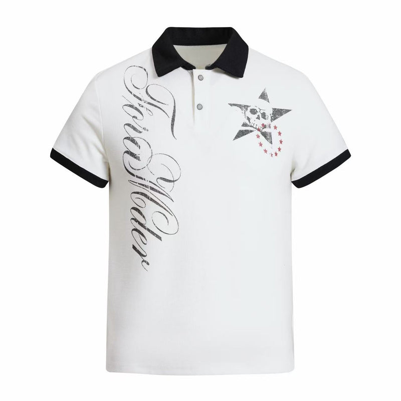 White gothic polo shirt with black contrast collar, skull star graphic, and vertical script print