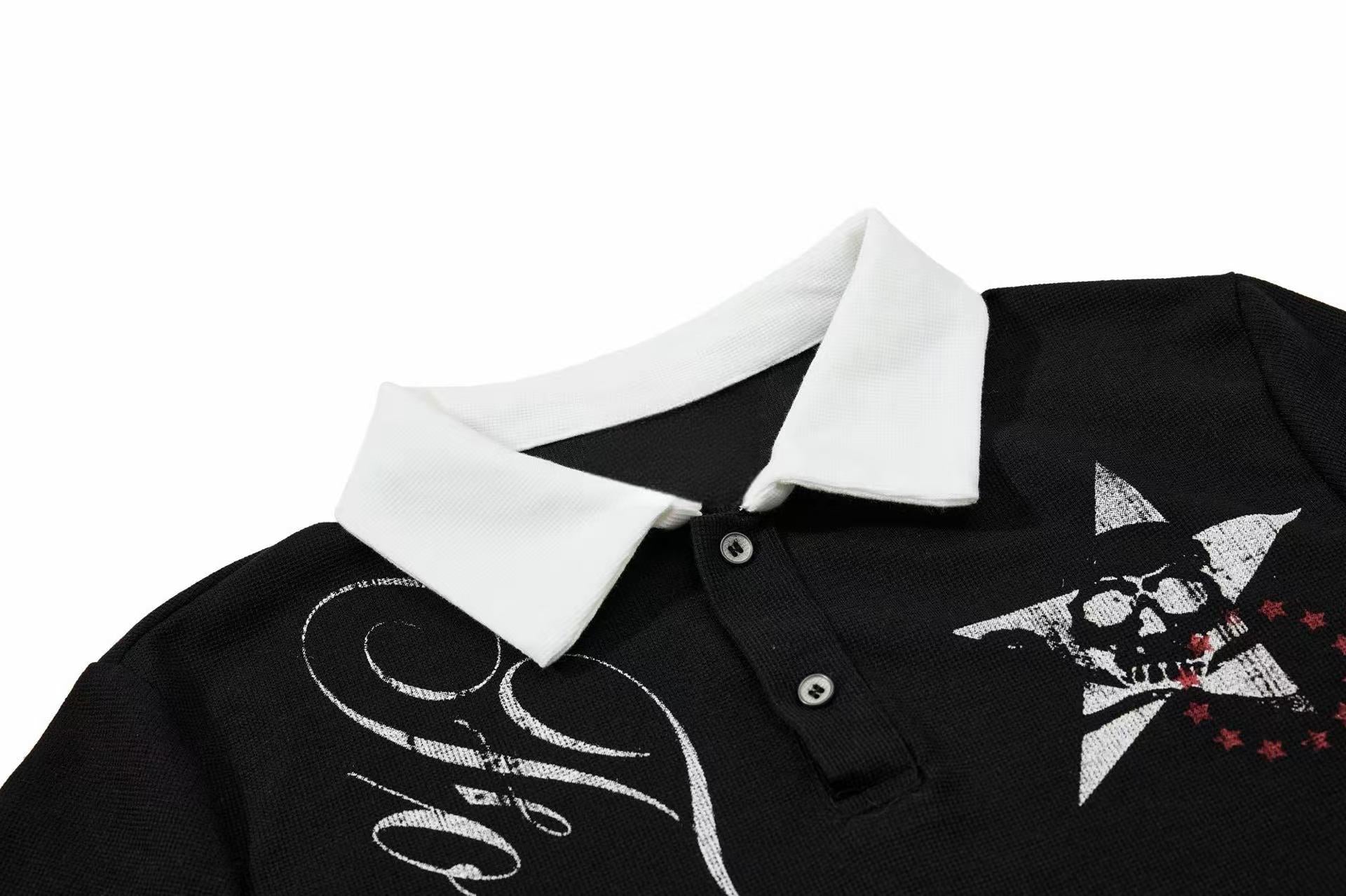 Gothic Star Skull Polo Shirt | Contrast Collar Streetwear