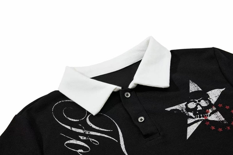 Black polo shirt with white contrast collar and gothic skull star graphic on the chest