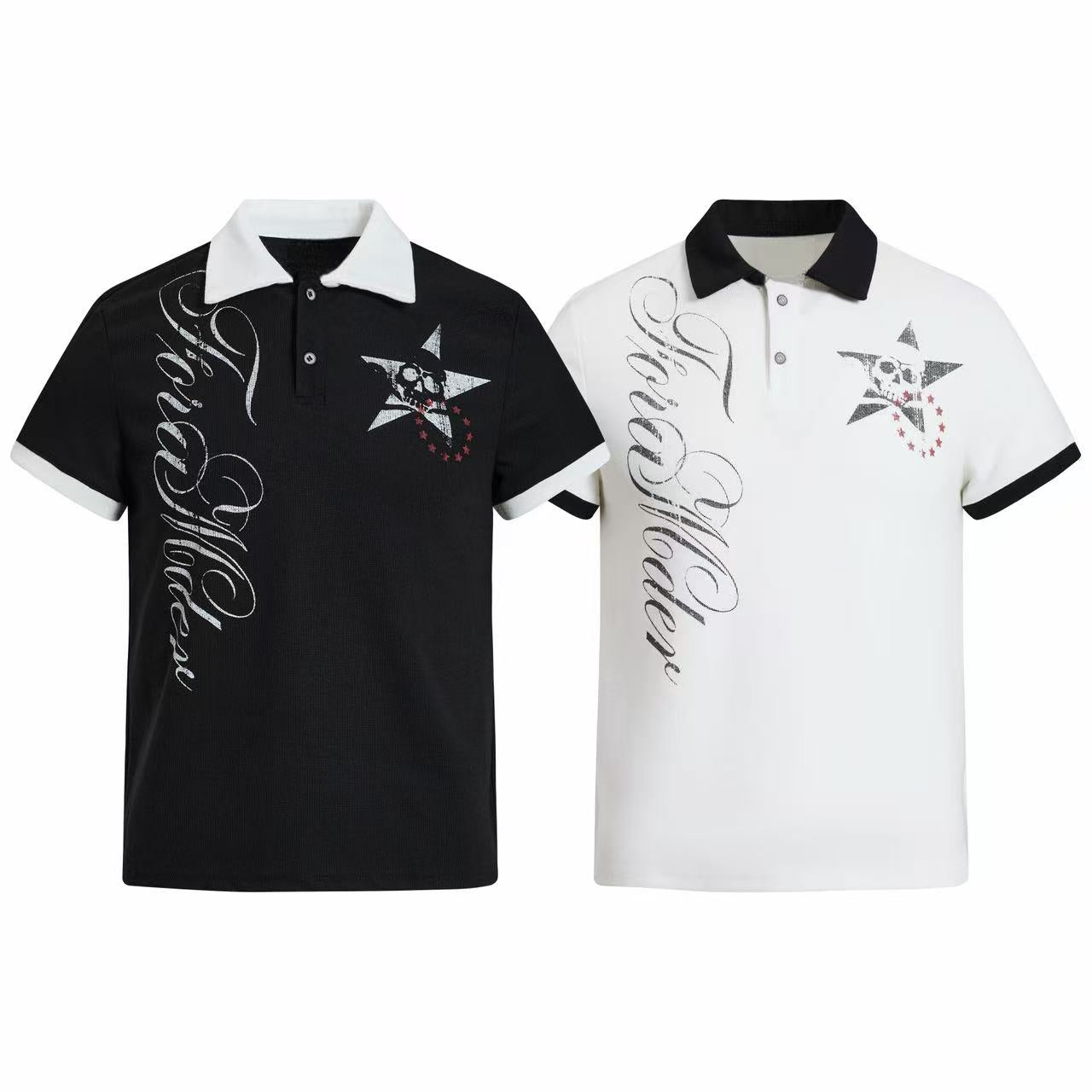 Black and white gothic polo shirts with star skull graphic and oversized script print, contrast collar and sleeve cuffs