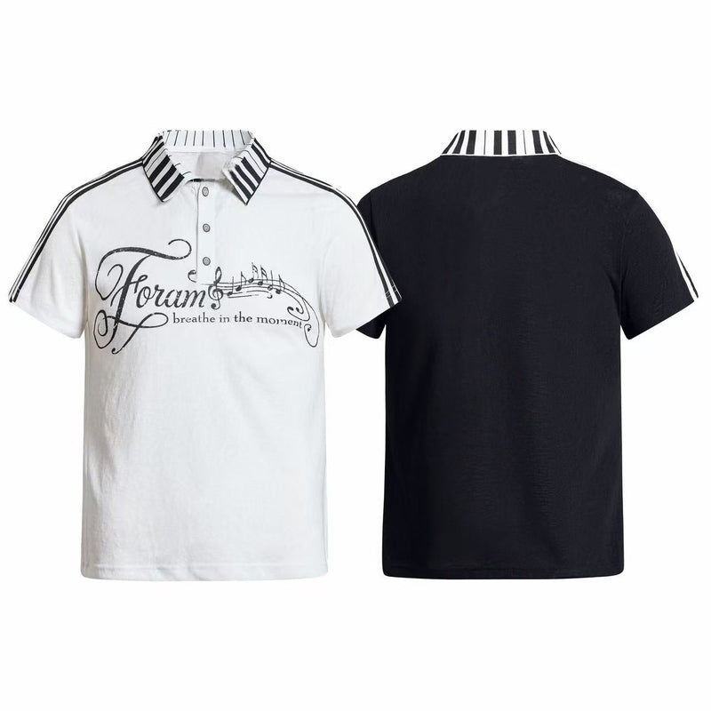 Men's white and black polo shirt with music script print, striped collar and sleeve accents, front and back view