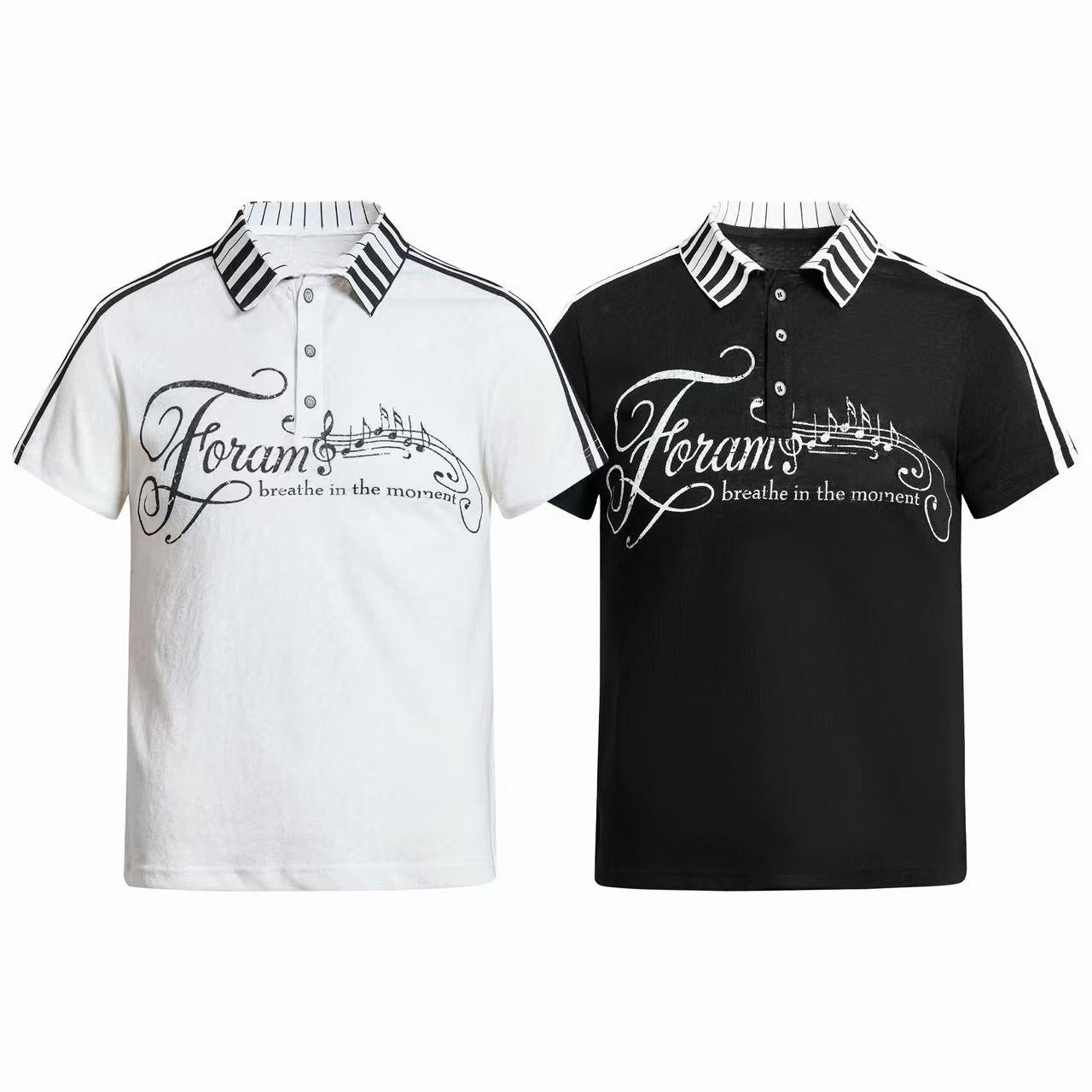 Black men's polo shirt with white cursive music script graphic, striped contrast collar and shoulder stripe details