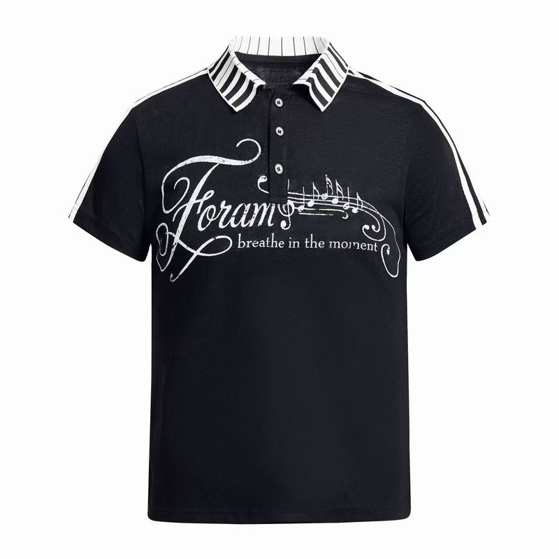 Black men’s polo shirt with striped collar and sleeves, featuring cursive music script graphic and vintage streetwear style