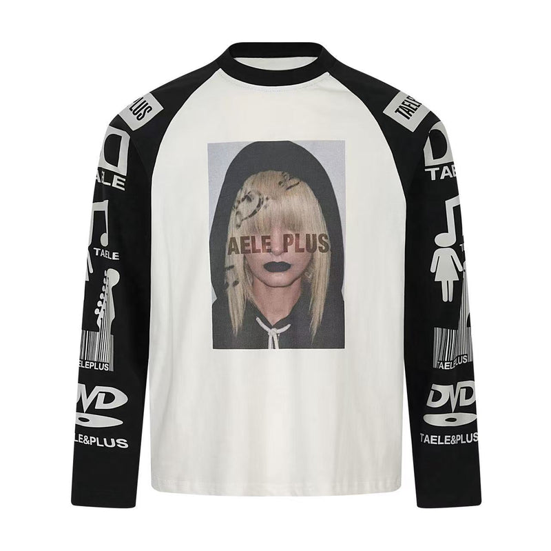 White raglan long sleeve tee with black sleeves and front graphic portrait print