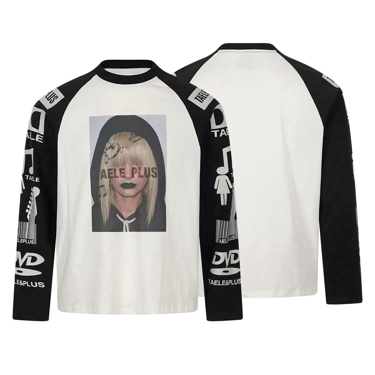 White and black raglan long sleeve tee with Y2K portrait graphic on chest and logo artwork printed on contrast black sleeves