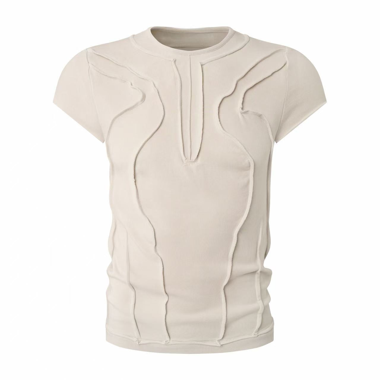 Off-white slim-fit cotton tee with sculpted contour seams and raw-edge detailing on the front, displayed on a mannequin
