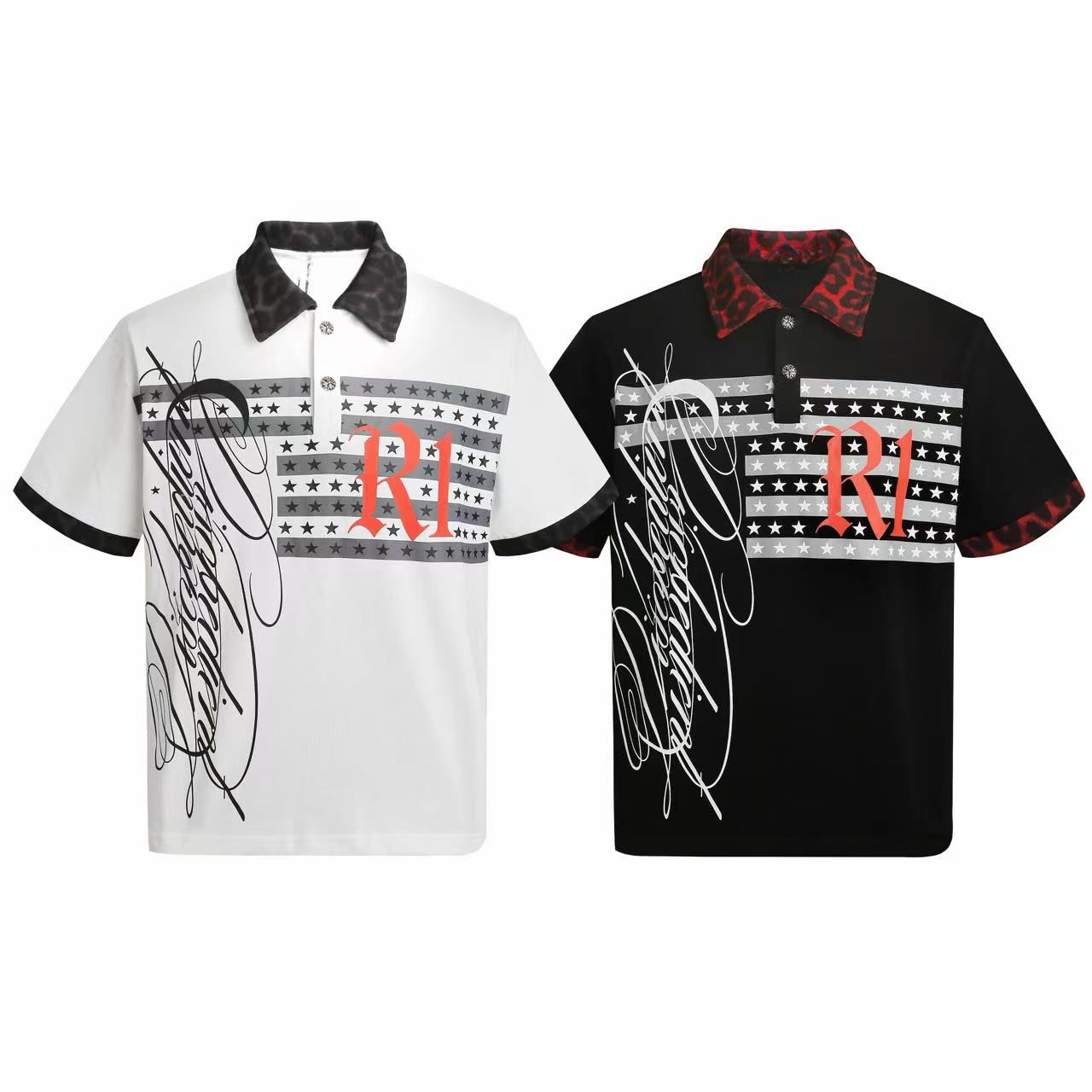 White polo shirt with dark leopard collar, star-stripe chest print, red R1 gothic lettering, and gothic script graphic on fro