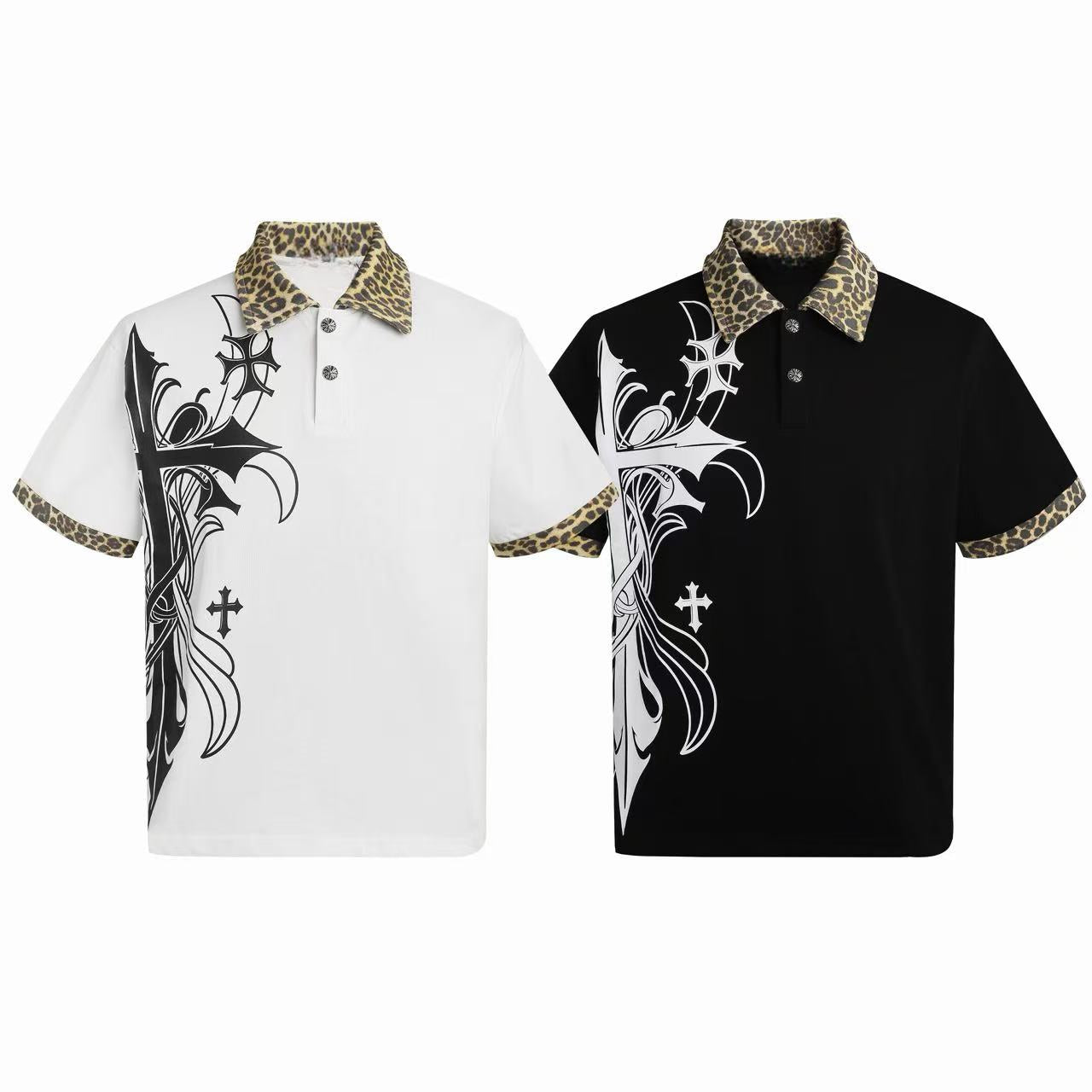 White polo shirt with oversized black gothic cross graphic and leopard-print collar and sleeve trims on white background