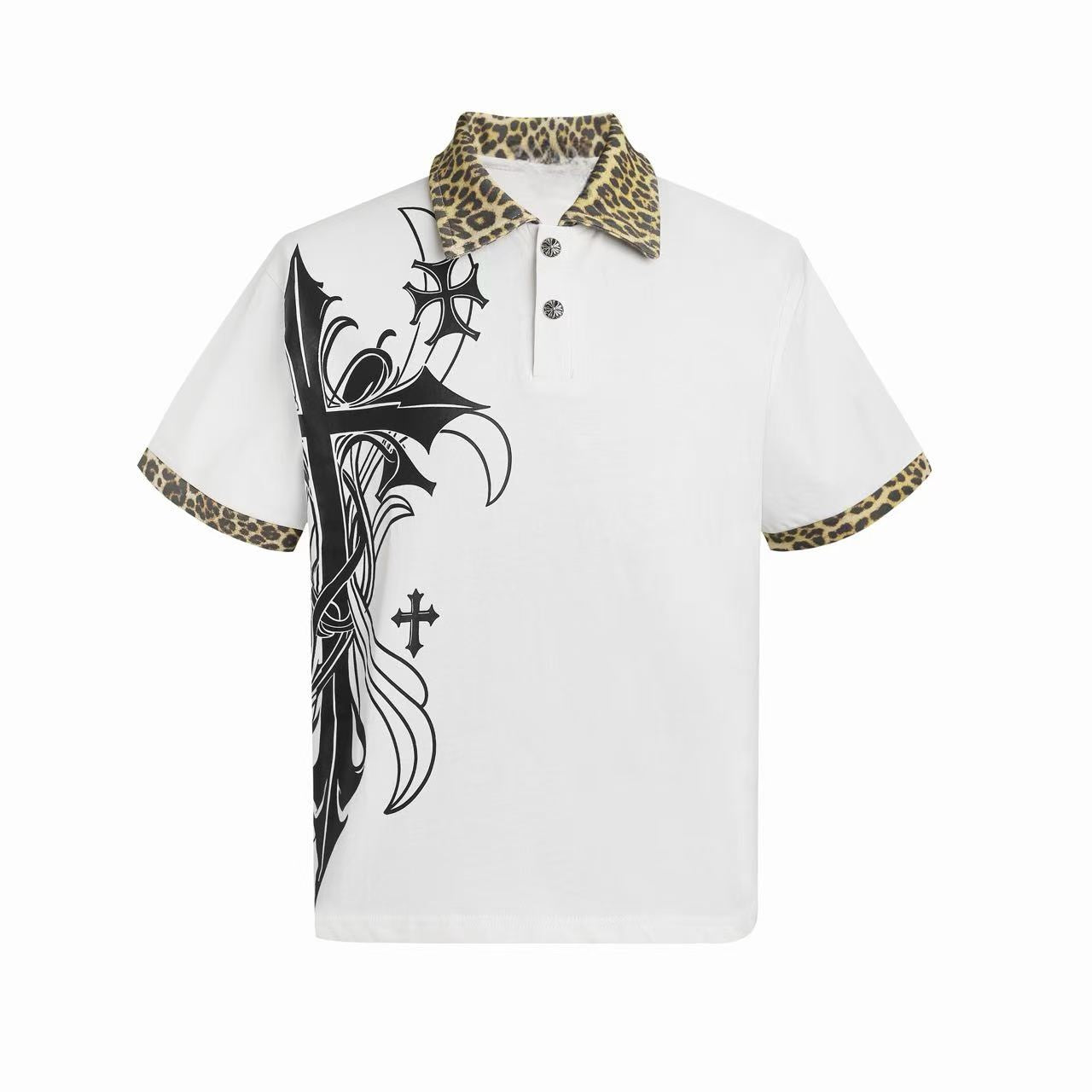 Gothic Cross Leopard Collar Polo Shirt | Y2K Streetwear
