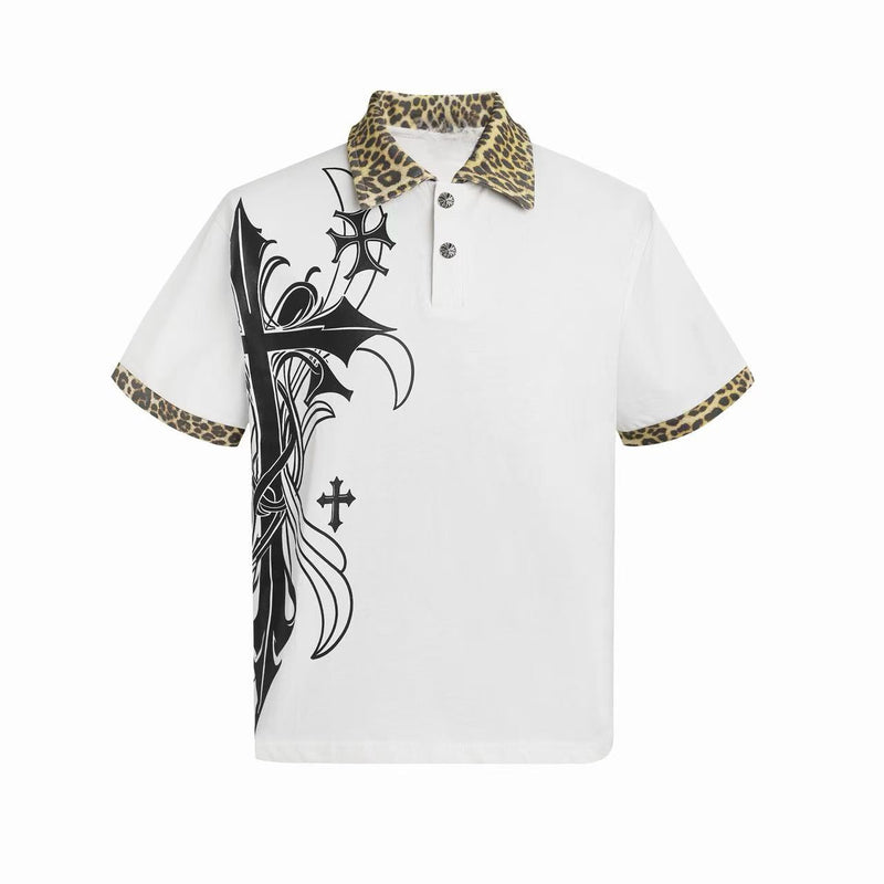 White polo shirt with black gothic cross print, leopard collar and sleeve trim, Y2K streetwear style