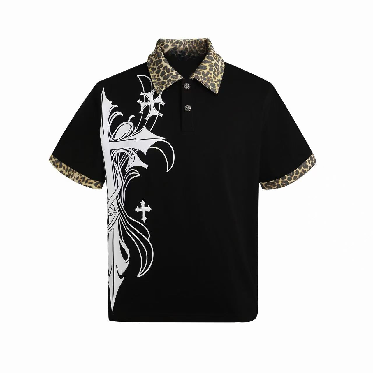 Gothic Cross Leopard Collar Polo Shirt | Y2K Streetwear
