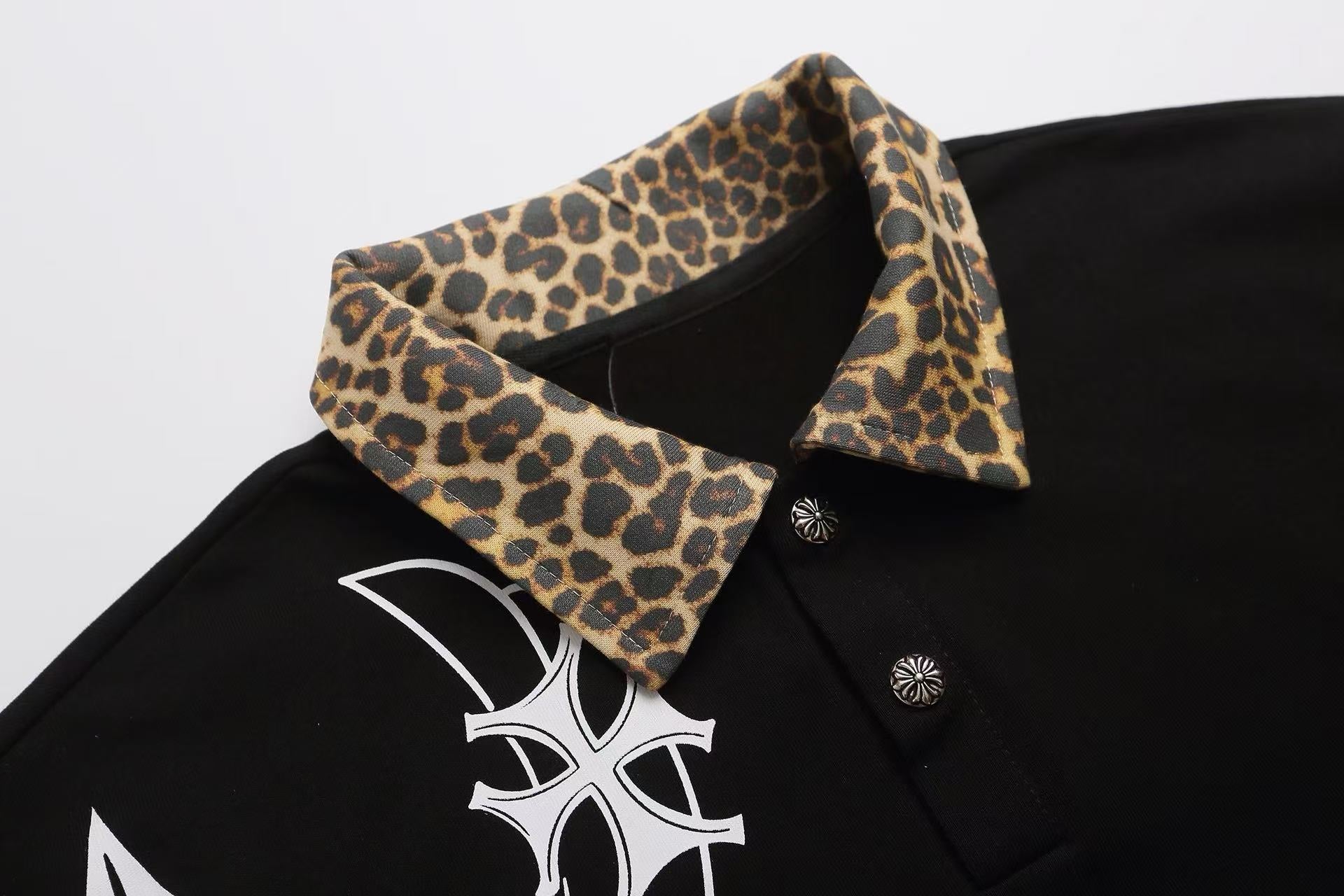 Gothic Cross Leopard Collar Polo Shirt | Y2K Streetwear
