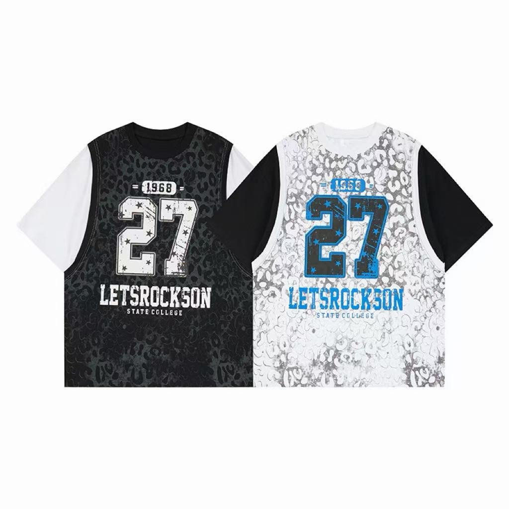 Black and white leopard print layered graphic t-shirts with oversized number 27 and LETSROCKSON varsity print